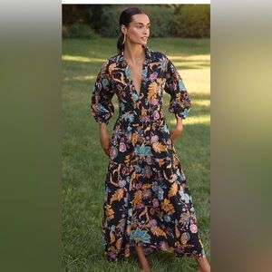 ANTHROPOLOGIE THE CAROLITA PRINTED TIERED MAXI DRESS SIZE S BLACK MOTIF NWT